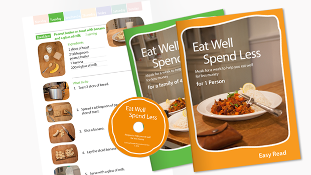 Page showing peanut butter on toast recipe; DVD design; and both covers of the Eat Well Spend Less Easy Read booklets, showing tasty chilli con carne meals.